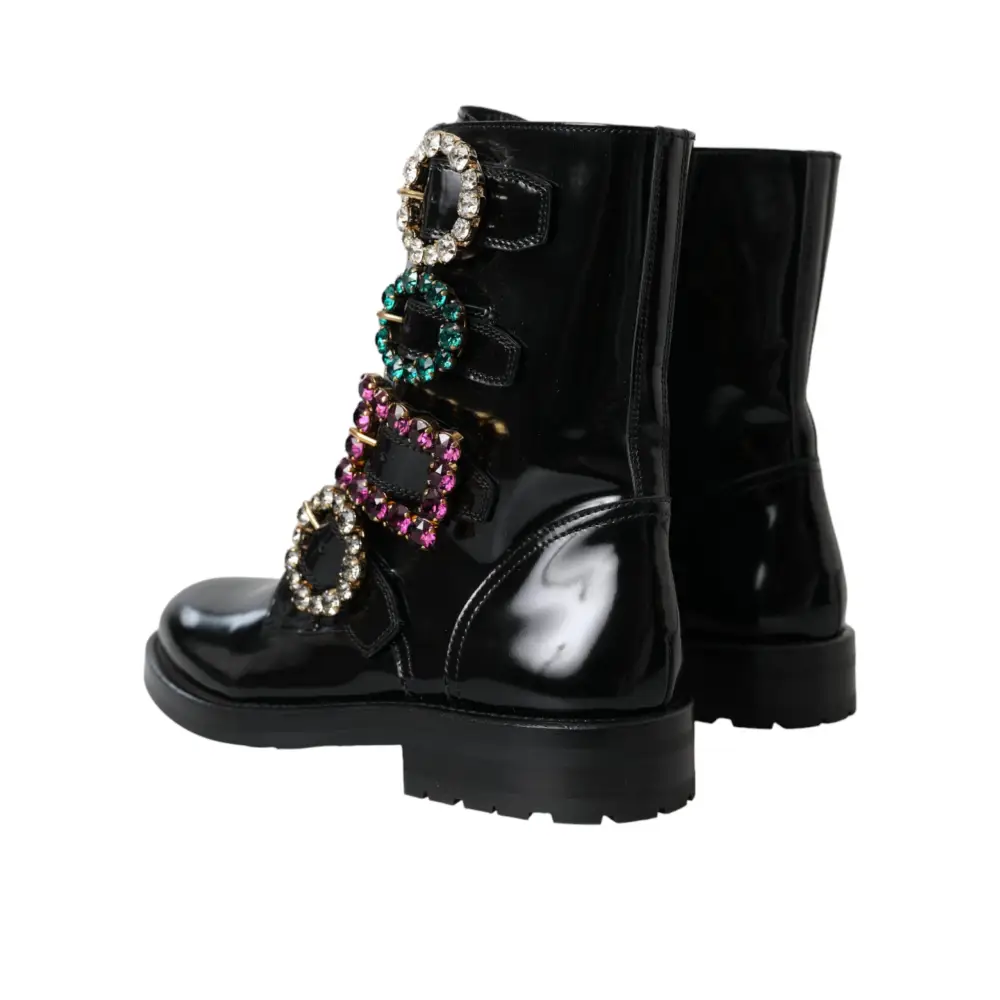 Dolce & Gabbana Schwarz Leder Kristall Schnallen Stiefel Schuhe - EU35/US4.5