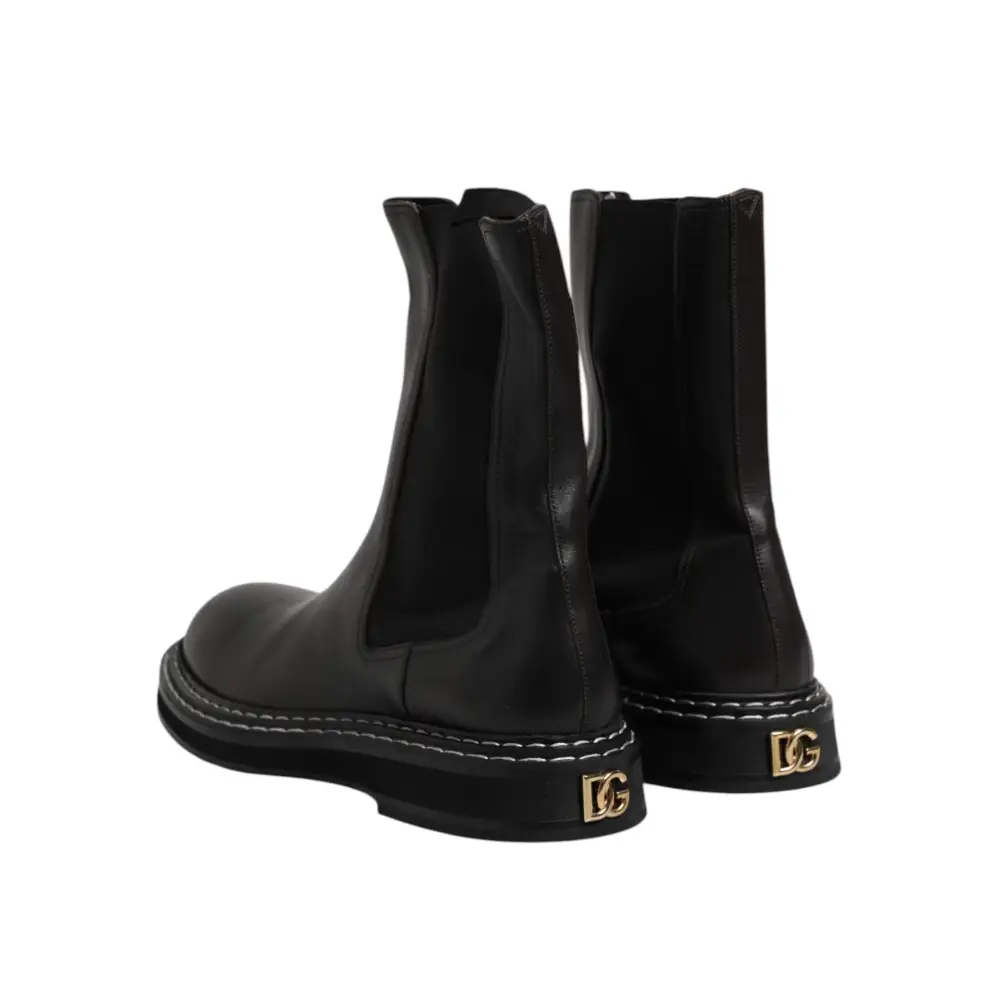 Dolce & Gabbana Schwarz Leder Mid Calf Stiefel Flats Schuhe - EU44/US11