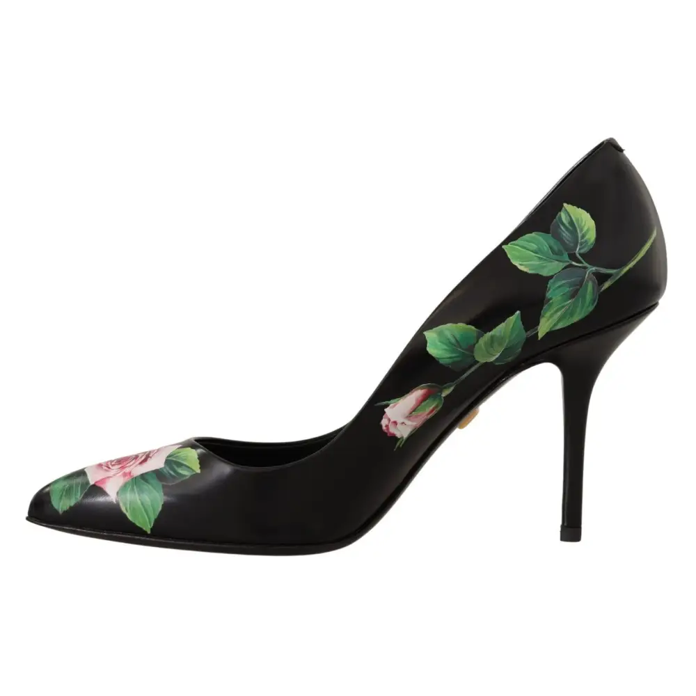 Dolce & Gabbana Schwarz Leder Rosen High Heels Pumps Schuhe