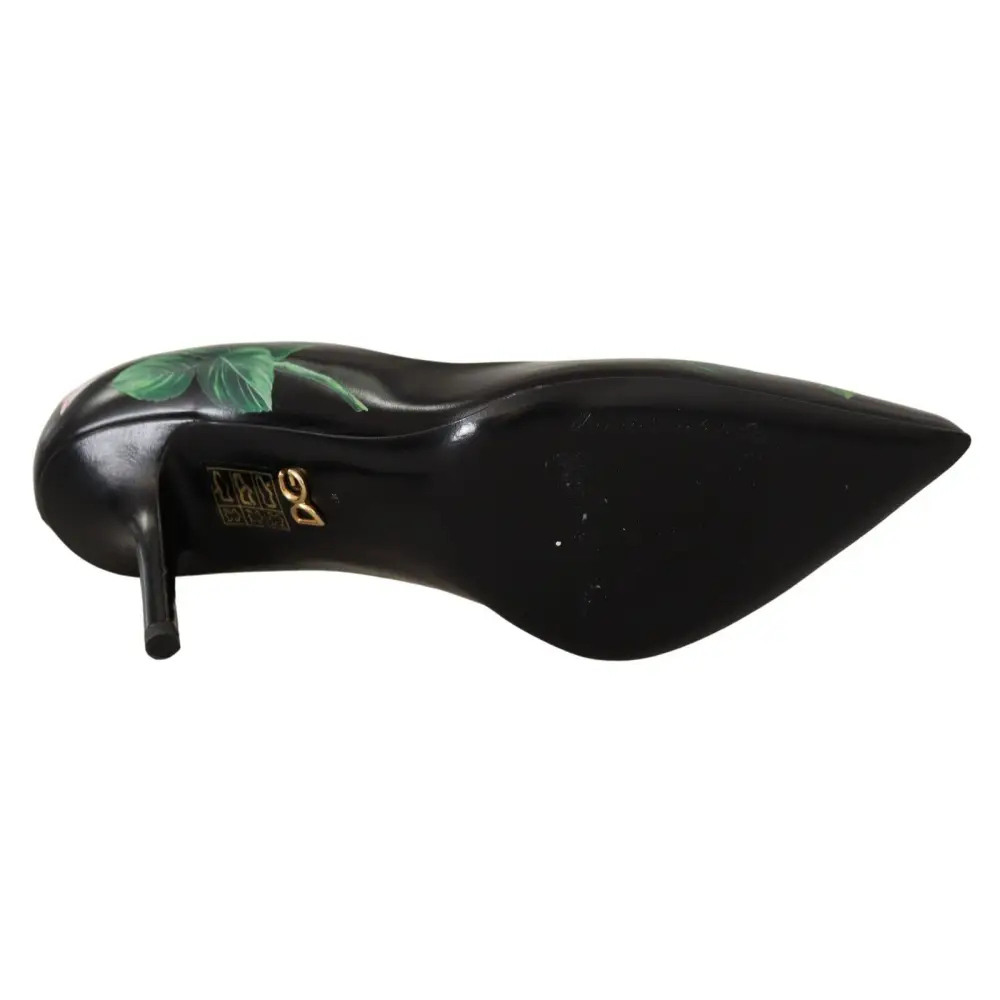 Dolce & Gabbana Schwarz Leder Rosen High Heels Pumps Schuhe