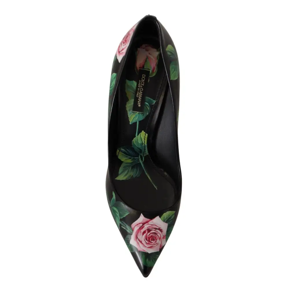 Dolce & Gabbana Schwarz Leder Rosen High Heels Pumps Schuhe
