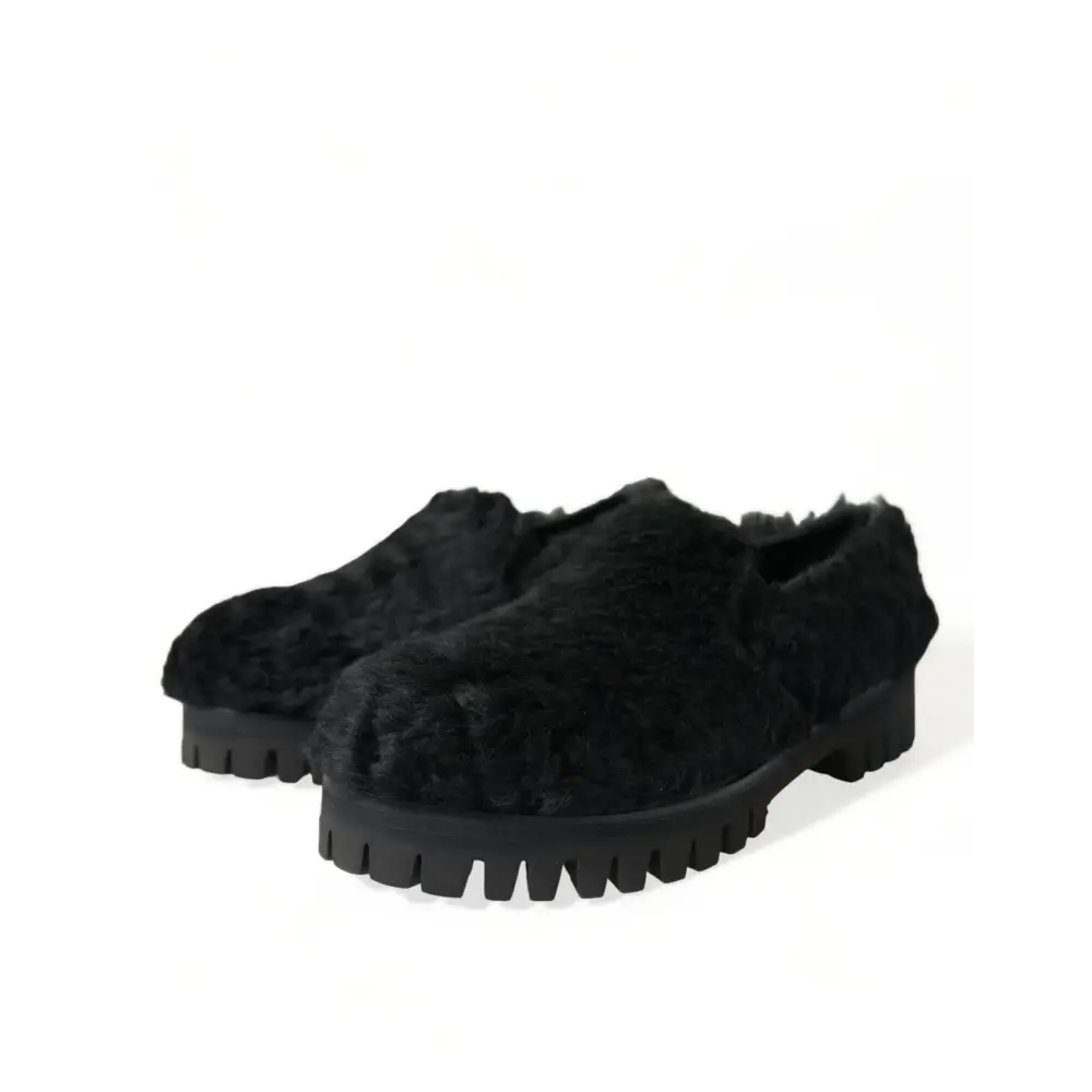 Dolce & Gabbana Schwarz Pelz Leder Hausschuhe Kleid Schuhe