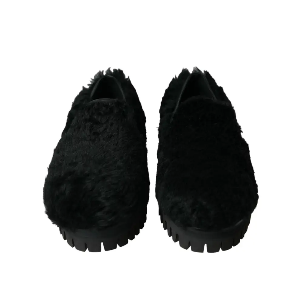 Dolce & Gabbana Schwarz Pelz Leder Hausschuhe Kleid Schuhe
