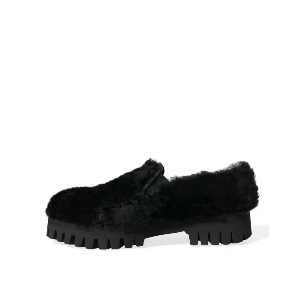 Dolce & Gabbana Schwarz Pelz Leder Hausschuhe Kleid Schuhe