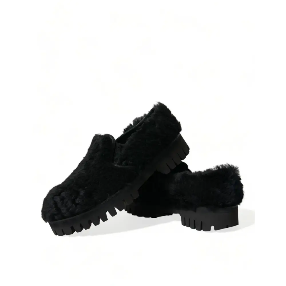 Dolce & Gabbana Schwarz Pelz Leder Hausschuhe Kleid Schuhe