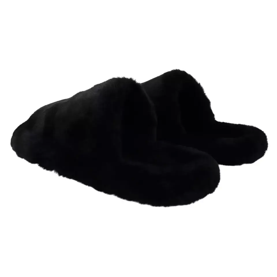 Dolce & Gabbana Schwarz Polyester Kunstfell Herren Flats Sandalen Schuhe - EU44.5/US11.5