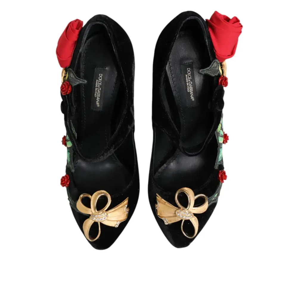 Dolce & Gabbana Schwarz Rosen Kristall Brosche Mary Jane Schuhe