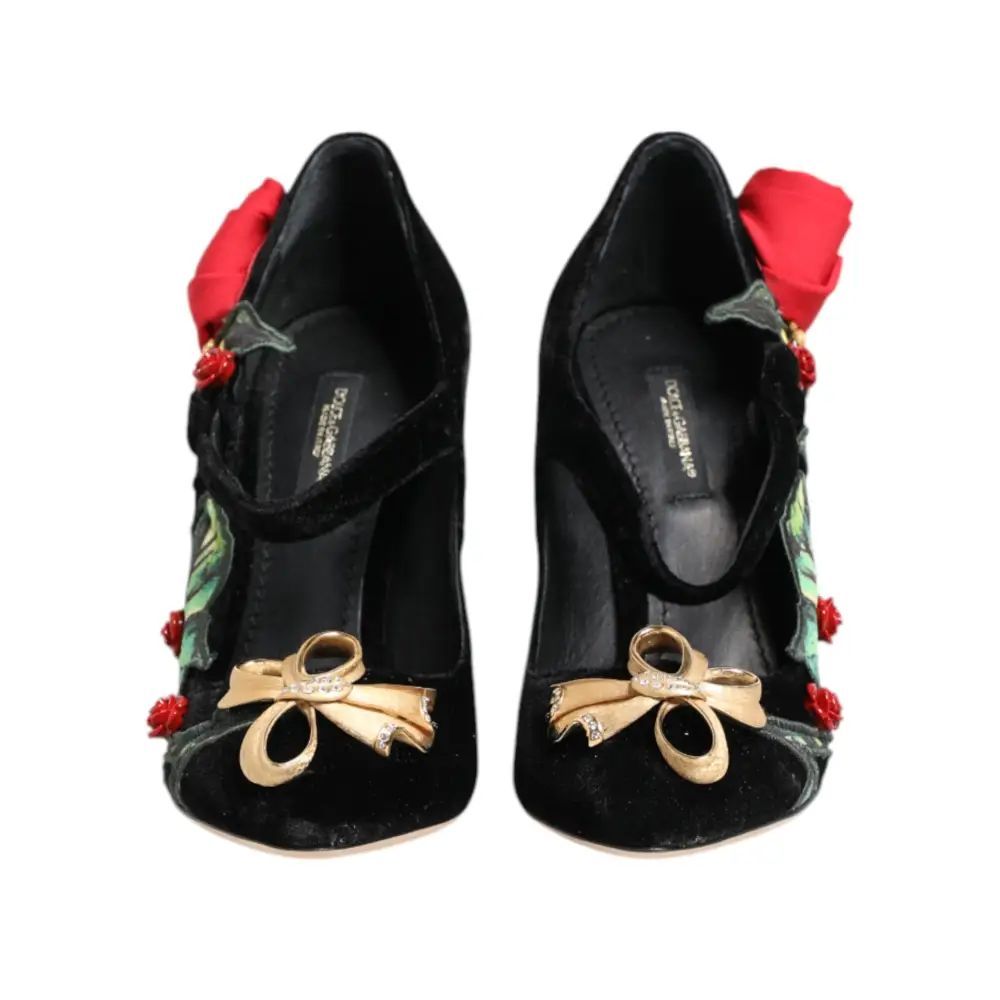 Dolce & Gabbana Schwarz Rosen Kristall Brosche Mary Jane Schuhe