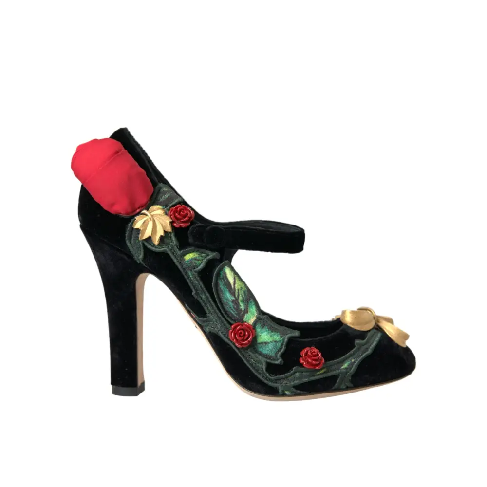 Dolce & Gabbana Schwarz Rosen Kristall Brosche Mary Jane Schuhe - EU36/US5.5