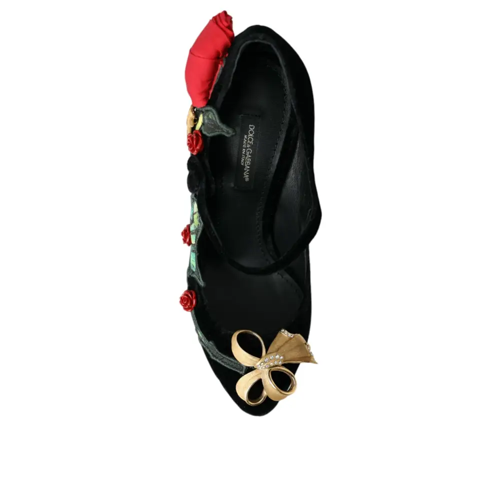 Dolce & Gabbana Schwarz Rosen Kristall Brosche Mary Jane Schuhe - EU36/US5.5