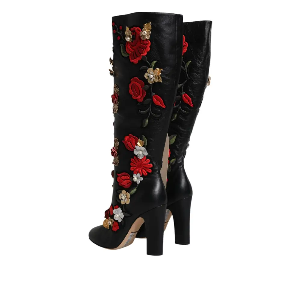 Dolce & Gabbana Schwarz Rosen verschönert Lederabsatz Stiefel Schuhe - EU39/US8.5