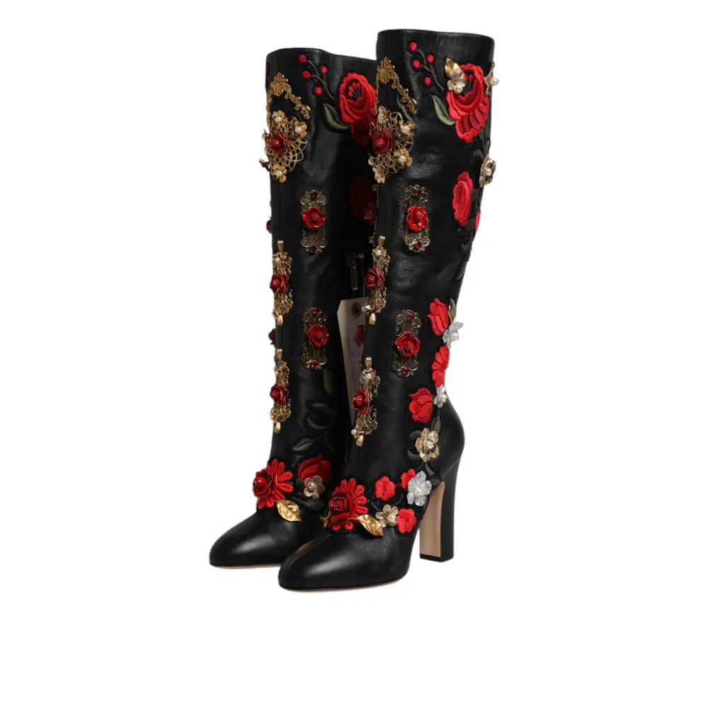 Dolce & Gabbana Schwarz Rosen verschönert Lederabsatz Stiefel Schuhe - EU39/US8.5