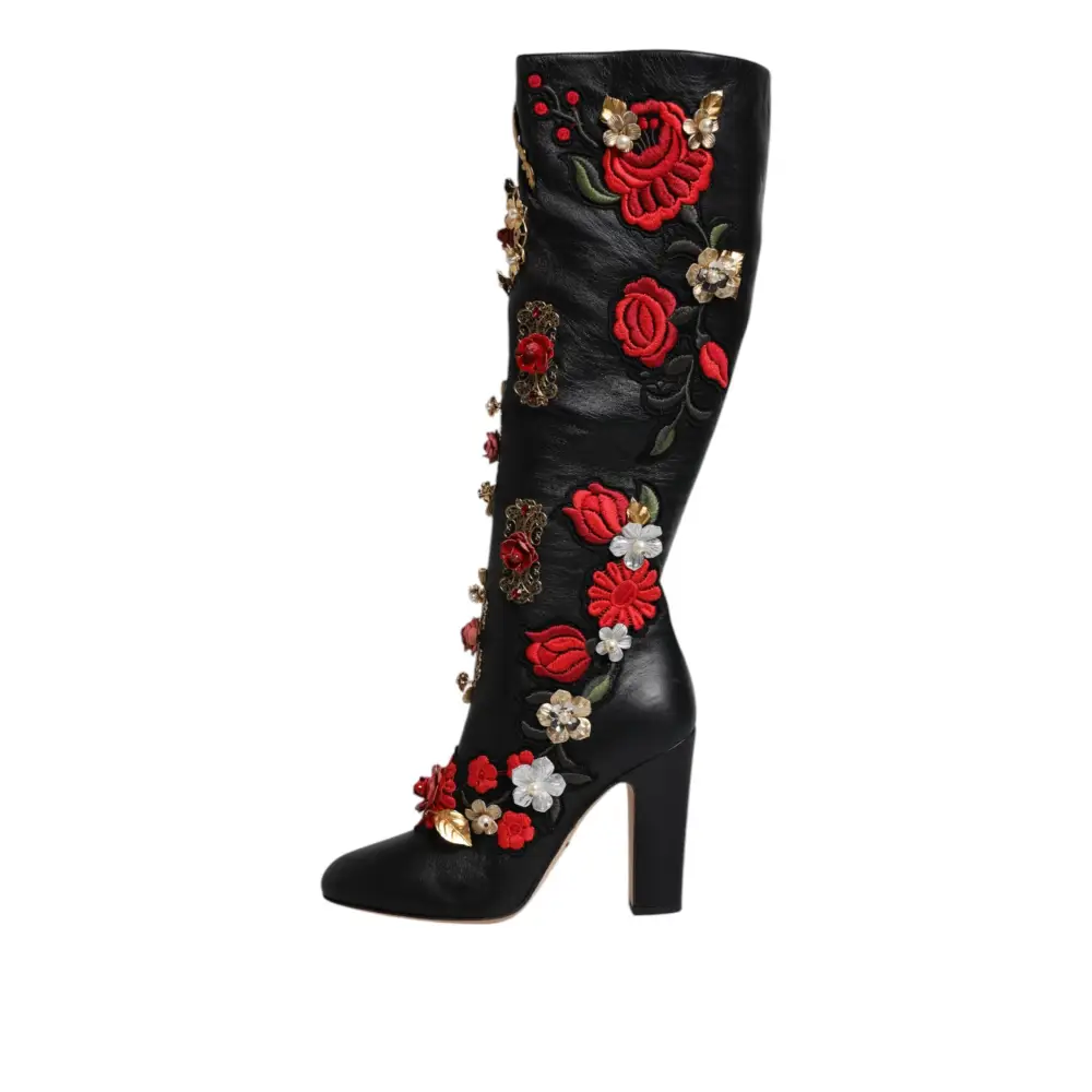 Dolce & Gabbana Schwarz Rosen verschönert Lederabsatz Stiefel Schuhe - EU39/US8.5