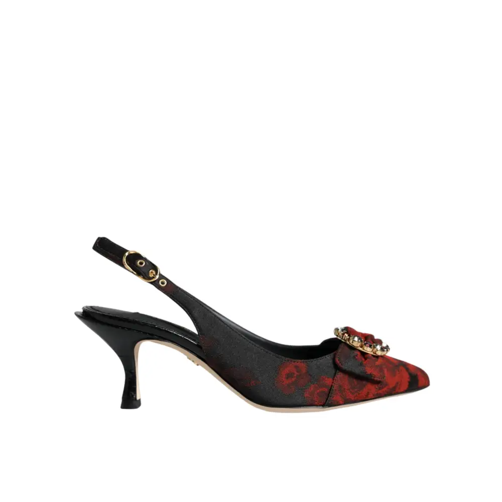Dolce & Gabbana Schwarz Rot Floral Kristall Absatz Slingback Schuhe