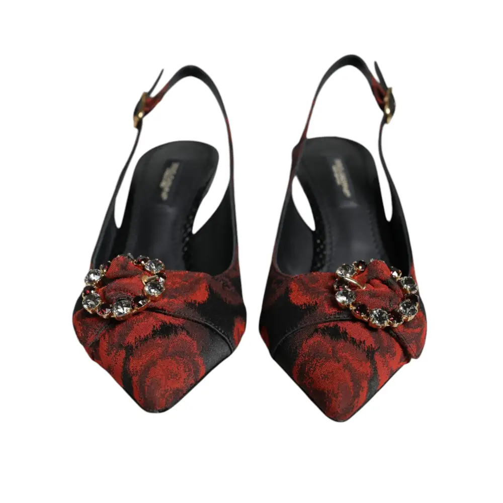 Dolce & Gabbana Schwarz Rot Floral Kristall Absatz Slingback Schuhe