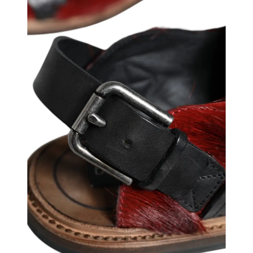 Dolce & Gabbana Schwarz Rot Gazelle Haar Leder Sandalen Schuhe - EU43/US10