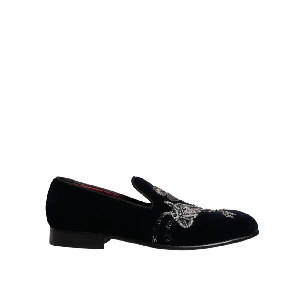 Dolce & Gabbana Schwarz Samt Floral Gun Loafers Kleid Schuhe - EU41/US8