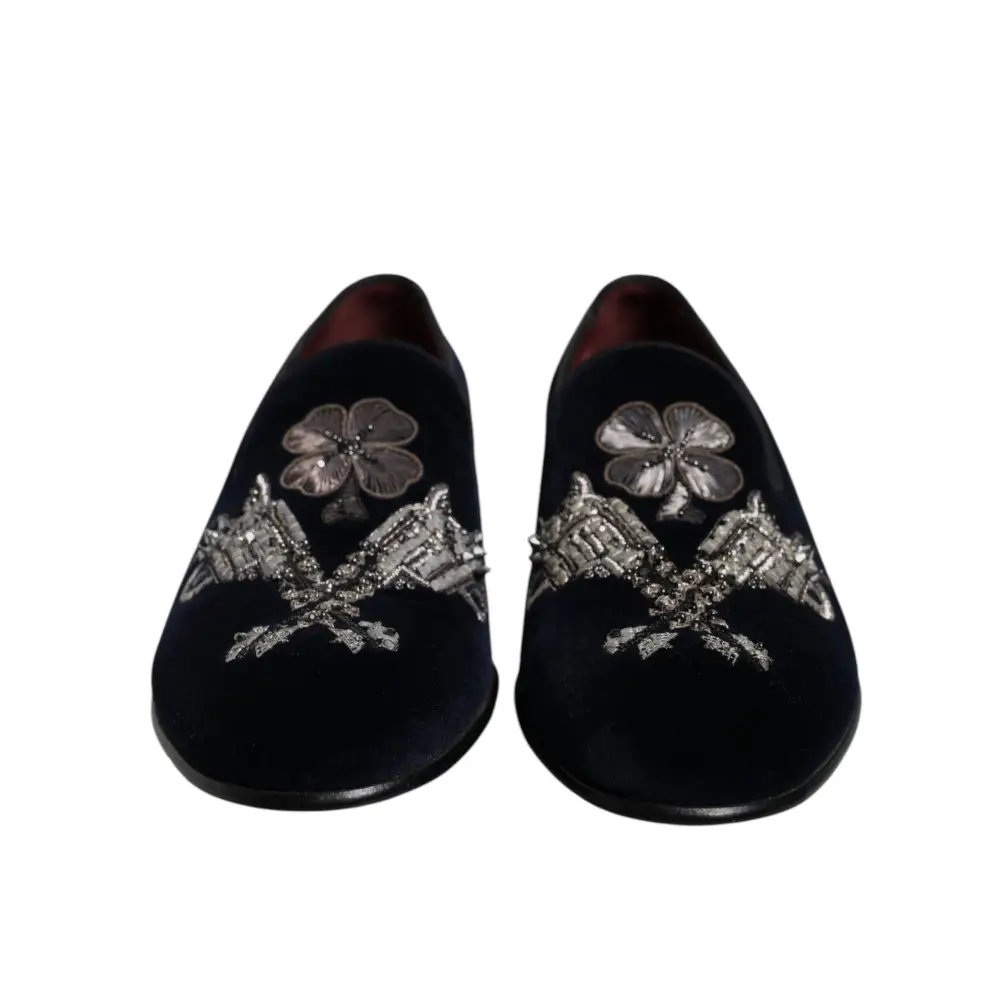 Dolce & Gabbana Schwarz Samt Floral Gun Loafers Kleid Schuhe - EU41/US8