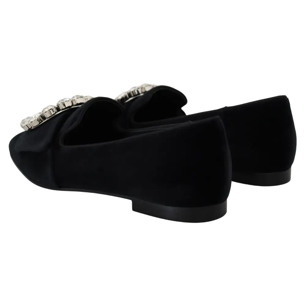 Dolce & Gabbana Schwarz Samt Kristalle Loafers Flats Schuhe