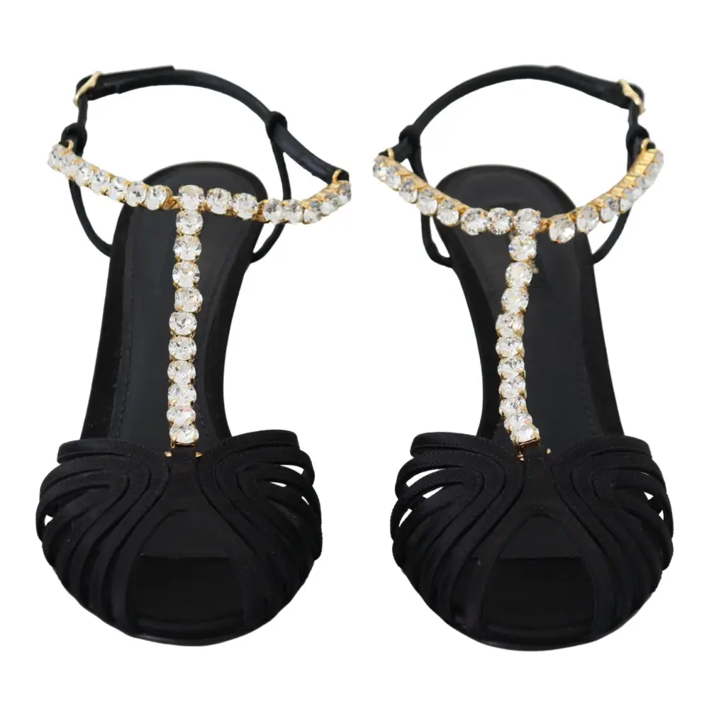 Dolce & Gabbana Schwarz Satin Klar Kristall T-strap Sandale Schuhe