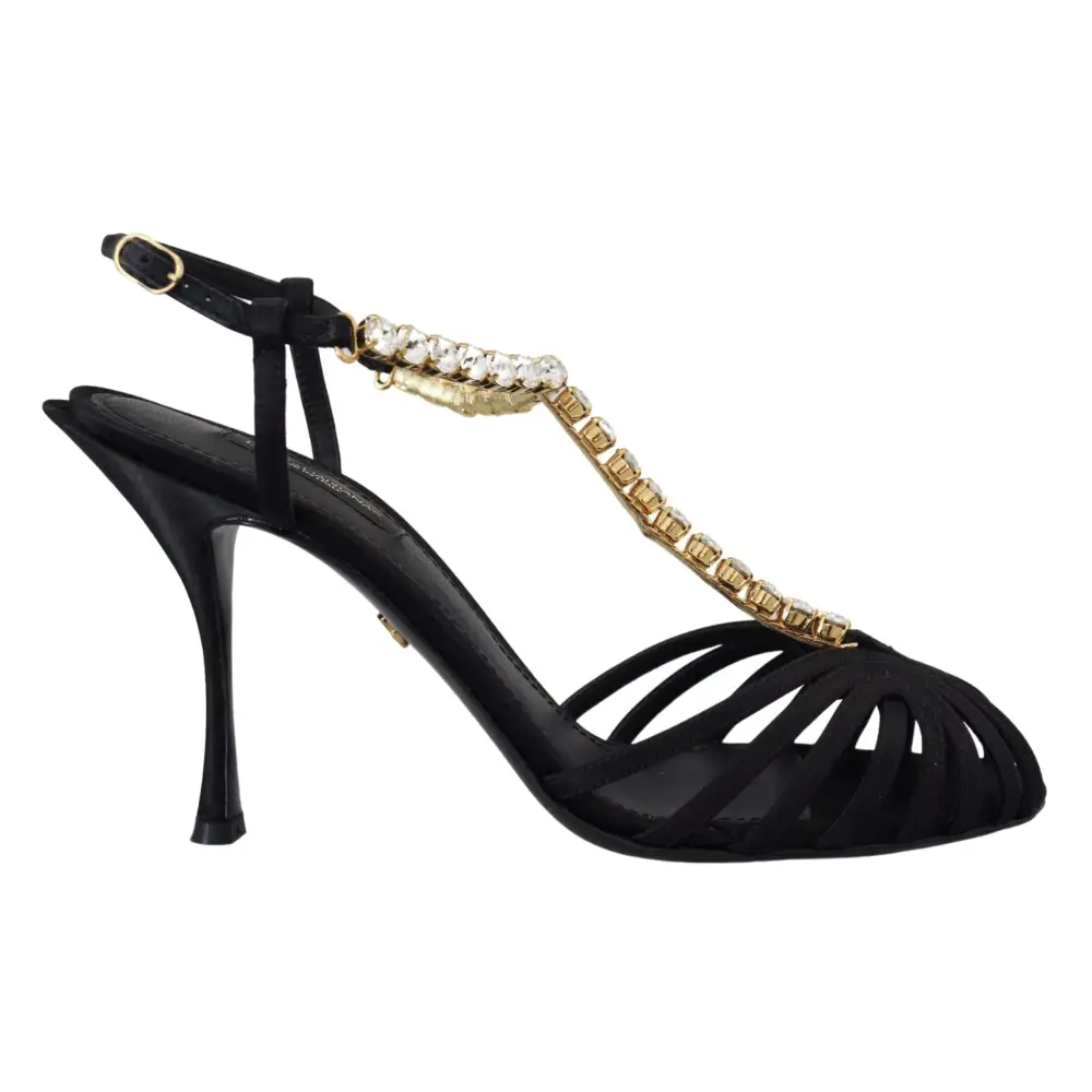 Dolce & Gabbana Schwarz Satin Klar Kristall T-strap Sandale Schuhe
