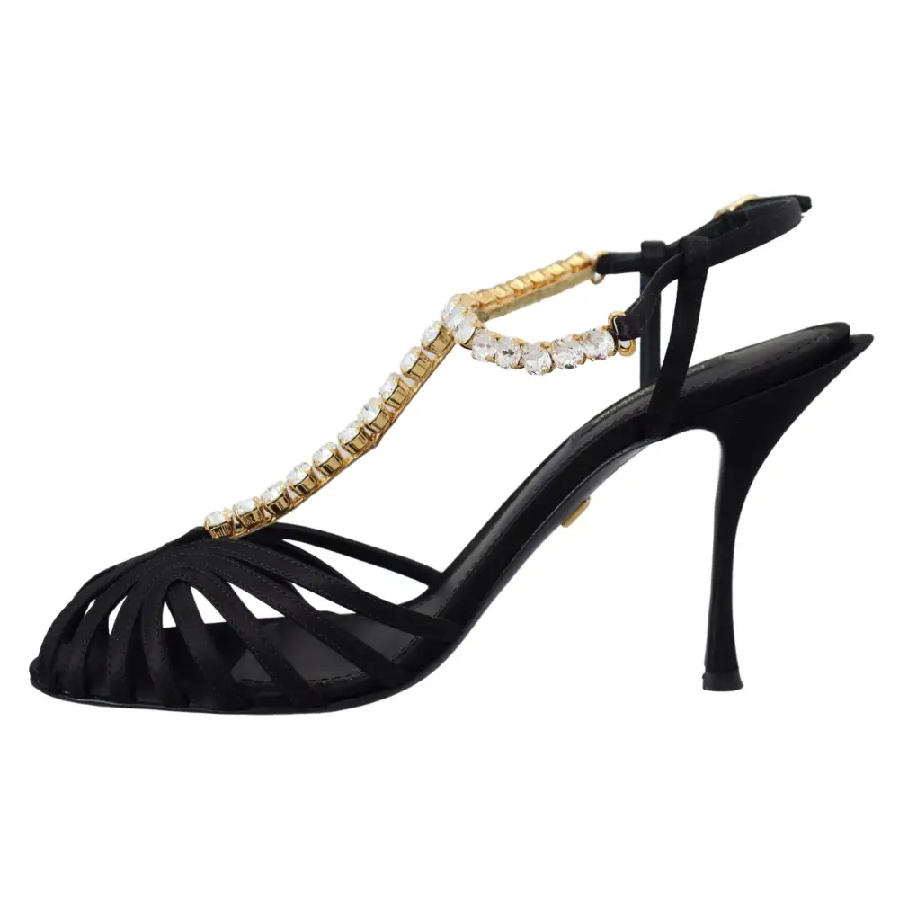 Dolce & Gabbana Schwarz Satin Klar Kristall T-strap Sandale Schuhe