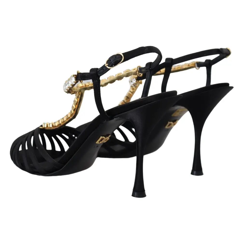 Dolce & Gabbana Schwarz Satin Klar Kristall T-strap Sandale Schuhe