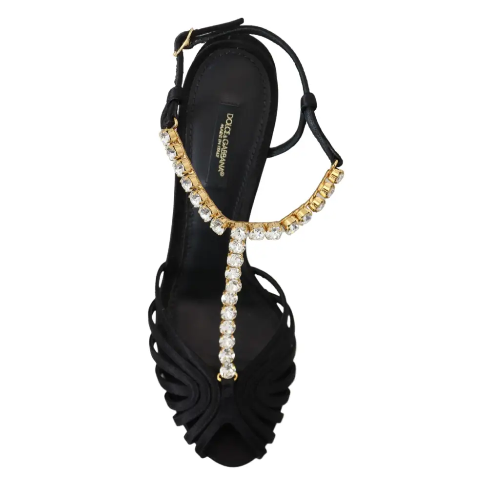Dolce & Gabbana Schwarz Satin Klar Kristall T-strap Sandale Schuhe