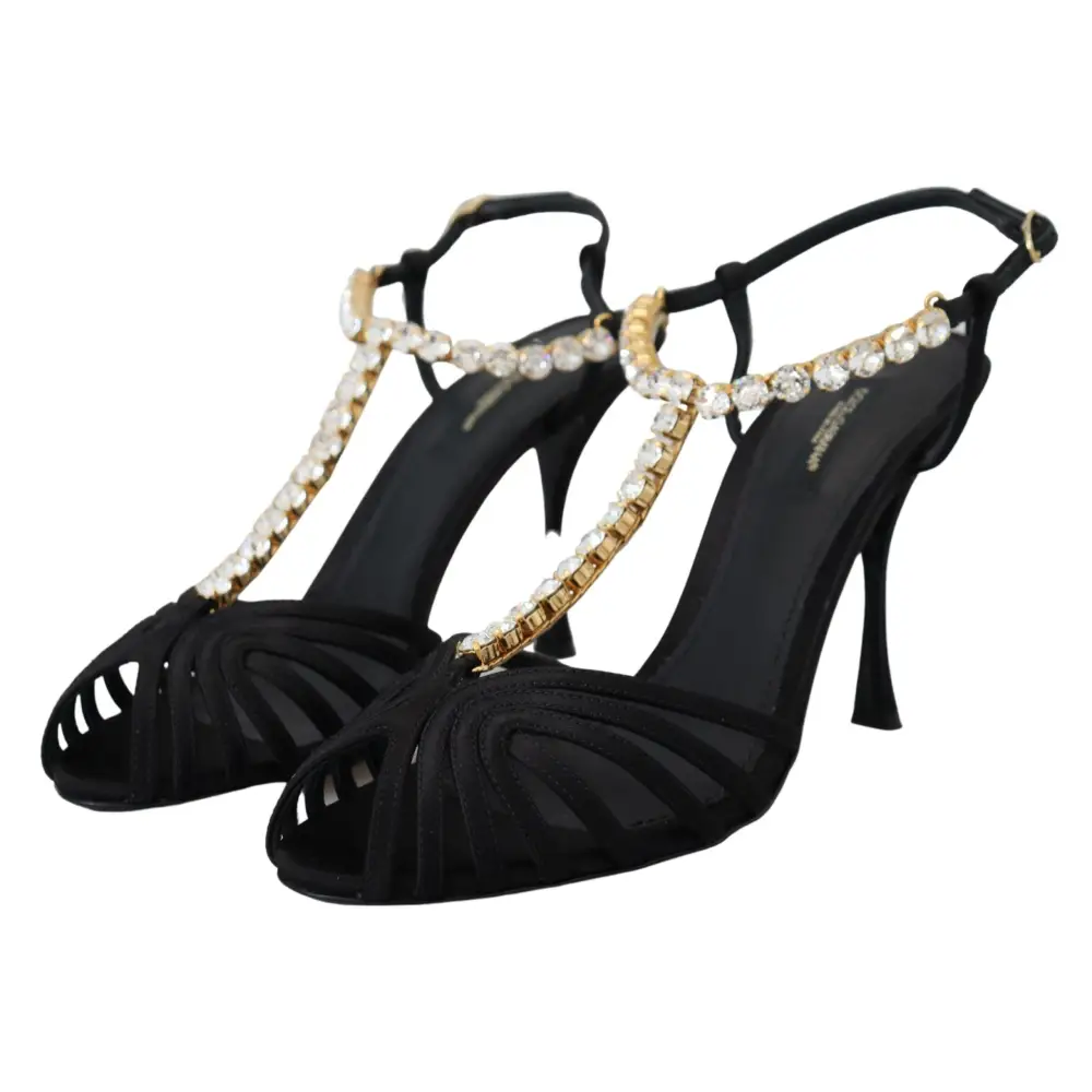Dolce & Gabbana Schwarz Satin Klar Kristall T-strap Sandale Schuhe