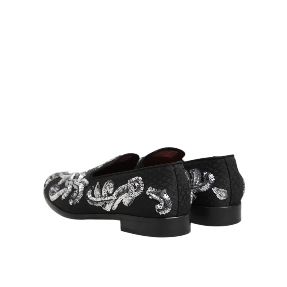 Dolce & Gabbana Schwarz Silber Pailletten Loafers Männer Kleid Schuhe - EU44/US11