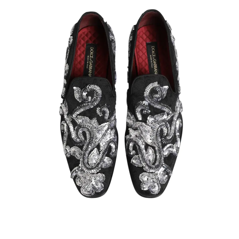 Dolce & Gabbana Schwarz Silber Pailletten Loafers Männer Kleid Schuhe - EU44/US11