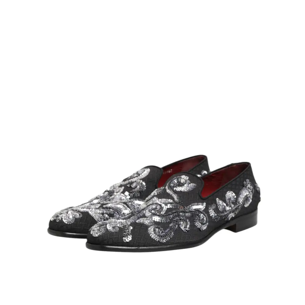 Dolce & Gabbana Schwarz Silber Pailletten Loafers Männer Kleid Schuhe - EU44/US11