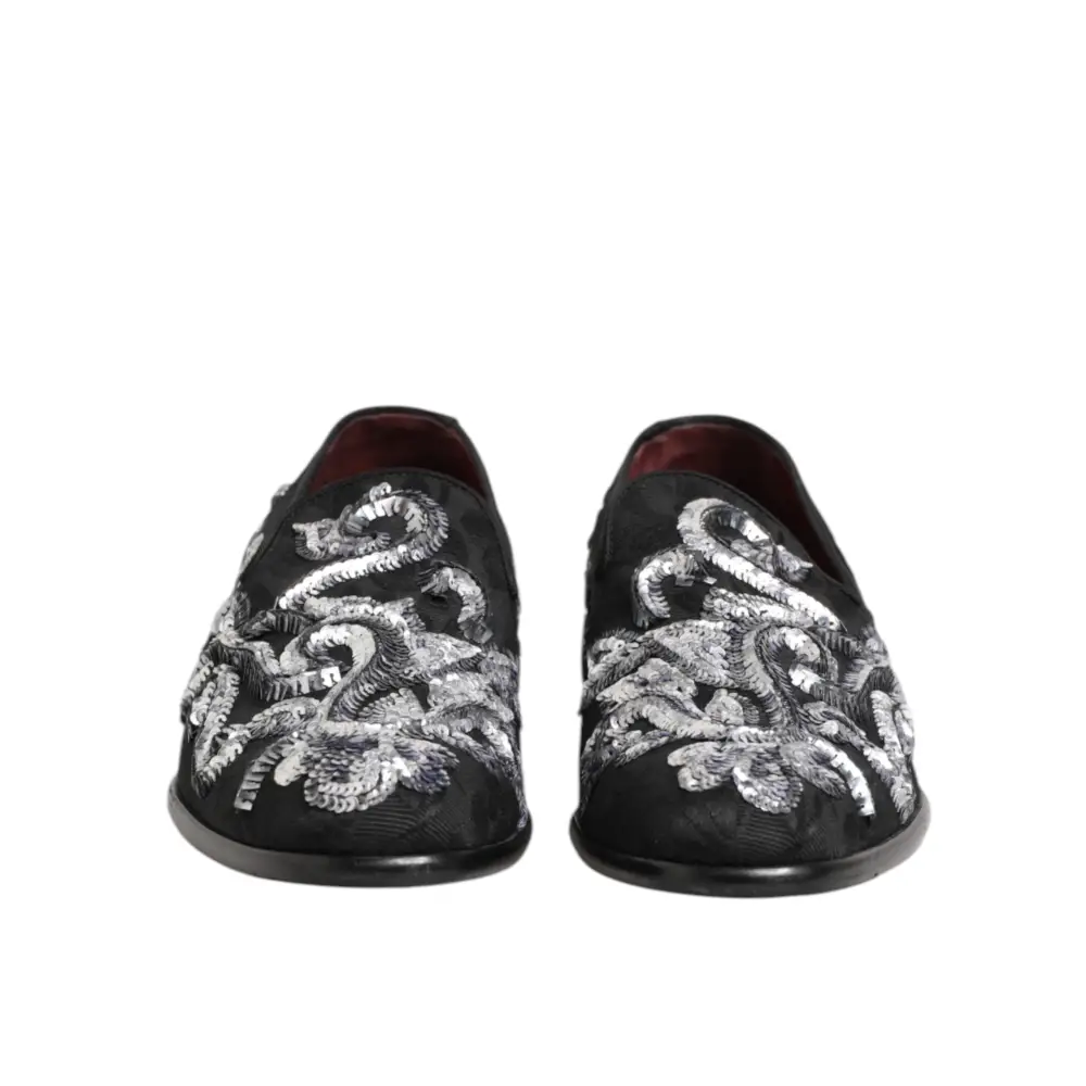 Dolce & Gabbana Schwarz Silber Pailletten Loafers Männer Kleid Schuhe - EU44/US11