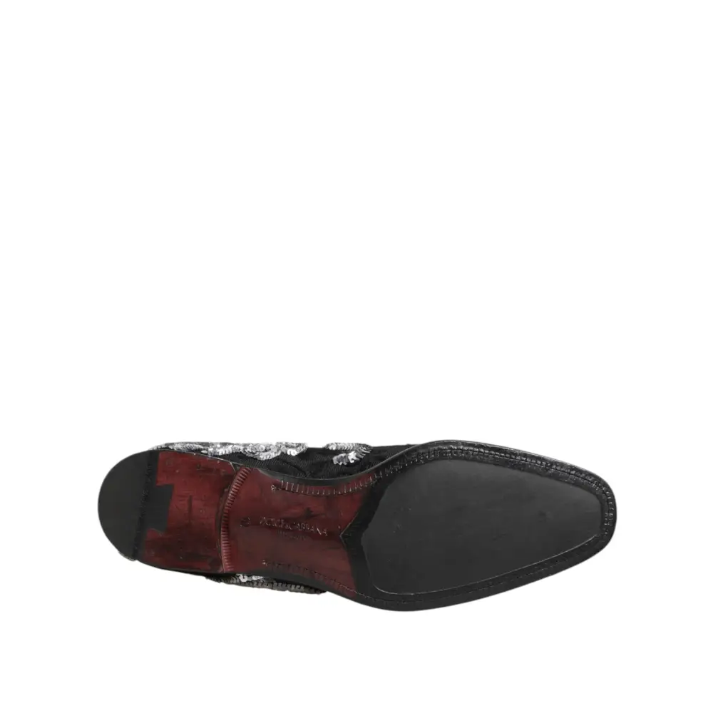 Dolce & Gabbana Schwarz Silber Pailletten Loafers Männer Kleid Schuhe - EU44/US11