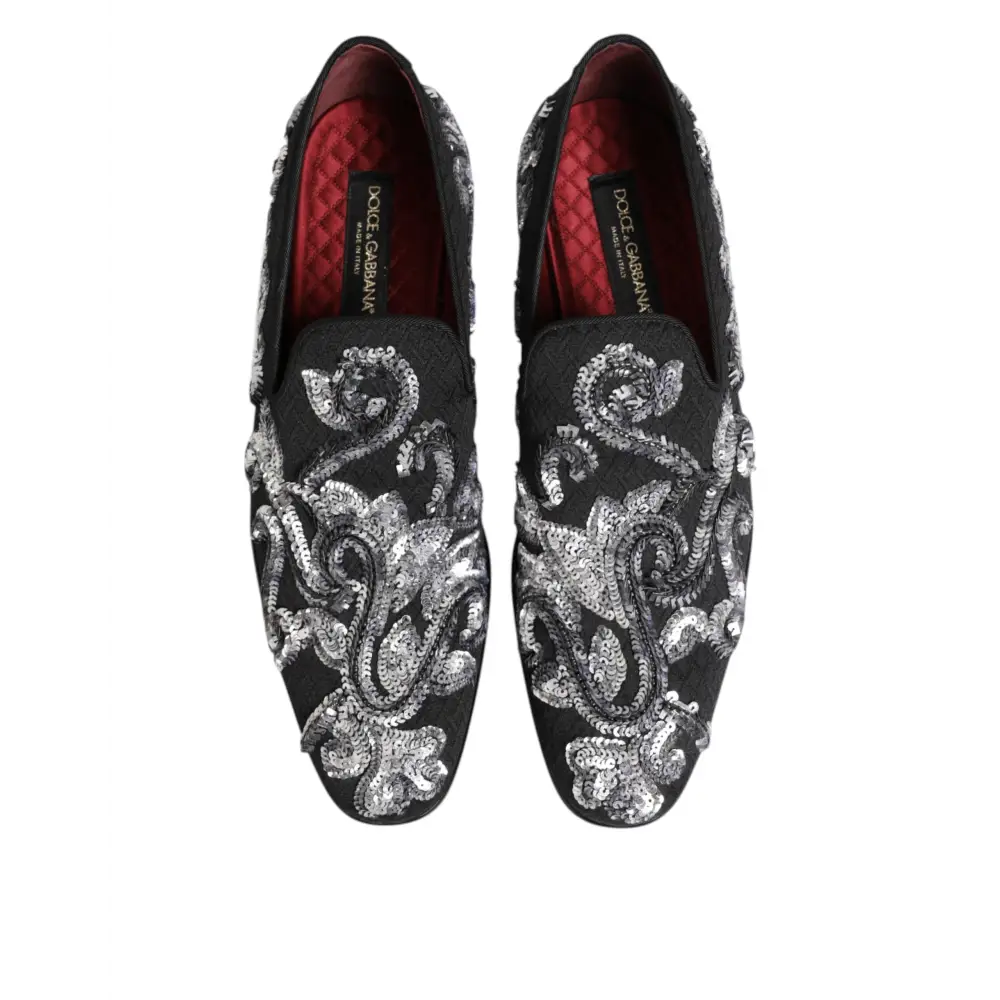 Dolce & Gabbana Schwarz Silber Pailletten Loafers Männer Kleid Schuhe - EU44/US11