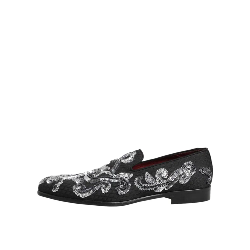 Dolce & Gabbana Schwarz Silber Pailletten Loafers Männer Kleid Schuhe - EU44/US11