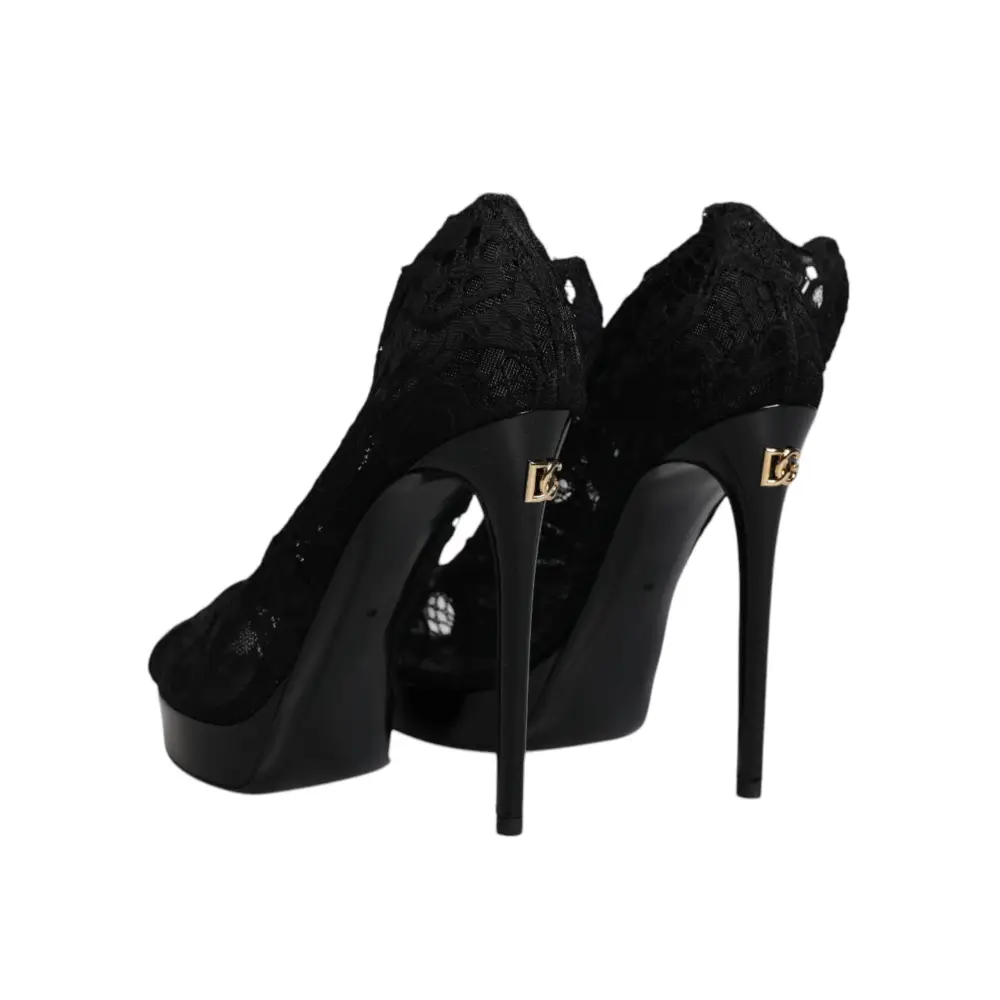 Dolce & Gabbana Schwarz Stretch Taormina Spitze Stiefel Schuhe - EU39/US8.5