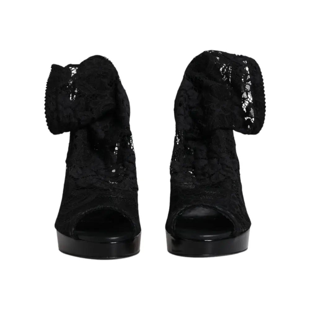 Dolce & Gabbana Schwarz Stretch Taormina Spitze Stiefel Schuhe - EU39/US8.5