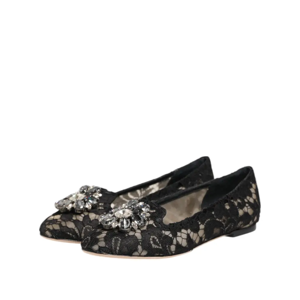 Dolce & Gabbana Schwarz Taormina Spitze Kristalle Flats Schuhe
