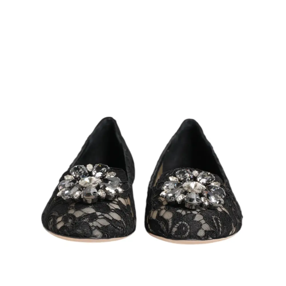Dolce & Gabbana Schwarz Taormina Spitze Kristalle Flats Schuhe