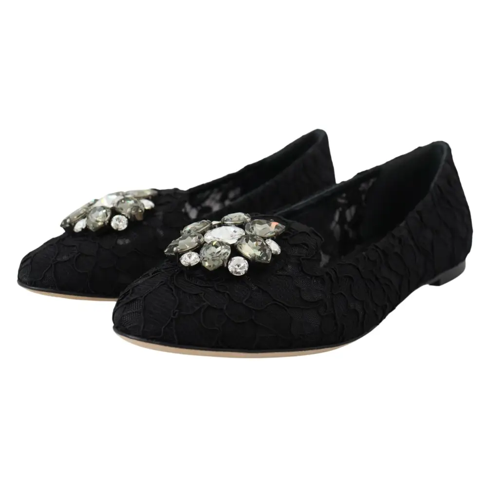 Dolce & Gabbana Schwarz Taormina Spitze Kristalle Flats Schuhe - EU35/US4.5