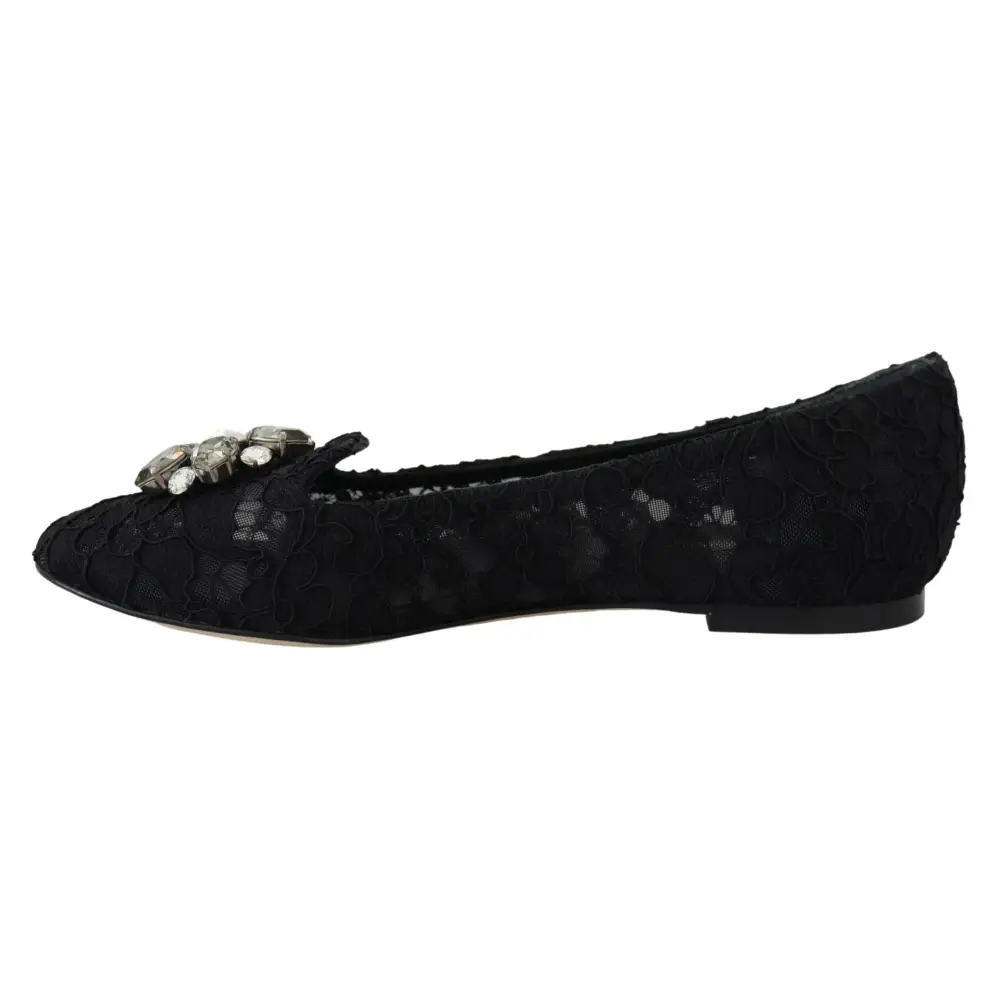 Dolce & Gabbana Schwarz Taormina Spitze Kristalle Flats Schuhe - EU35/US4.5