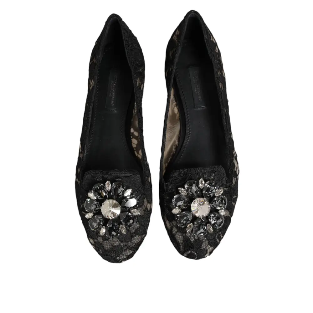 Dolce & Gabbana Schwarz Taormina Spitze Kristalle Flats Schuhe
