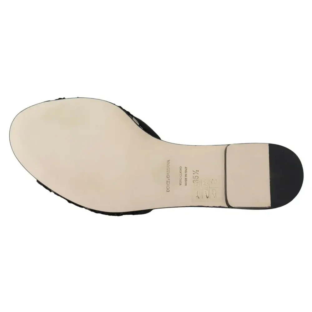 Dolce & Gabbana Schwarz Taormina Spitze Slides Kristalle Flats Schuhe - EU35.5/US5