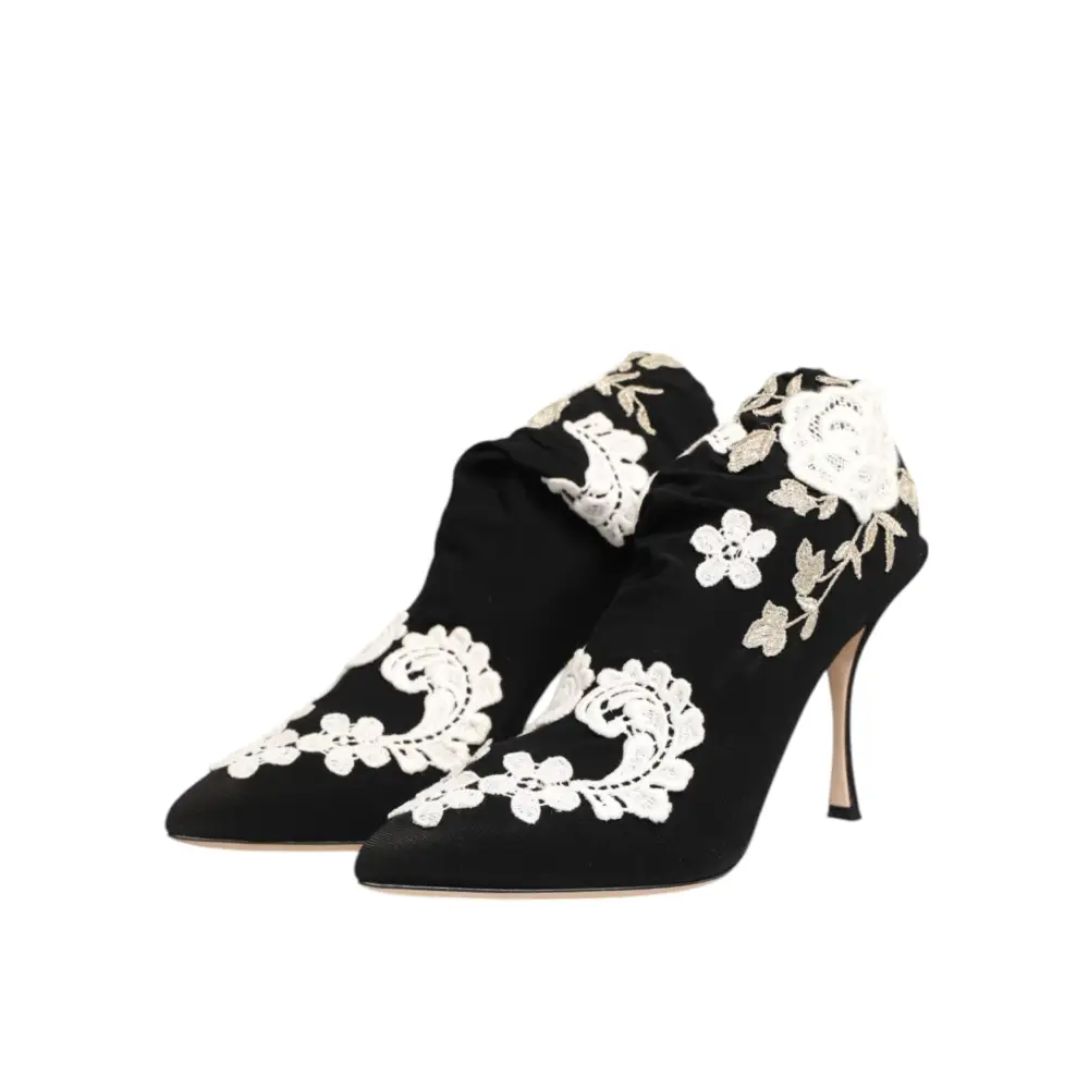 Dolce & Gabbana Schwarz Weiß Bestickte Jersey Stiletto Stiefel Schuhe
