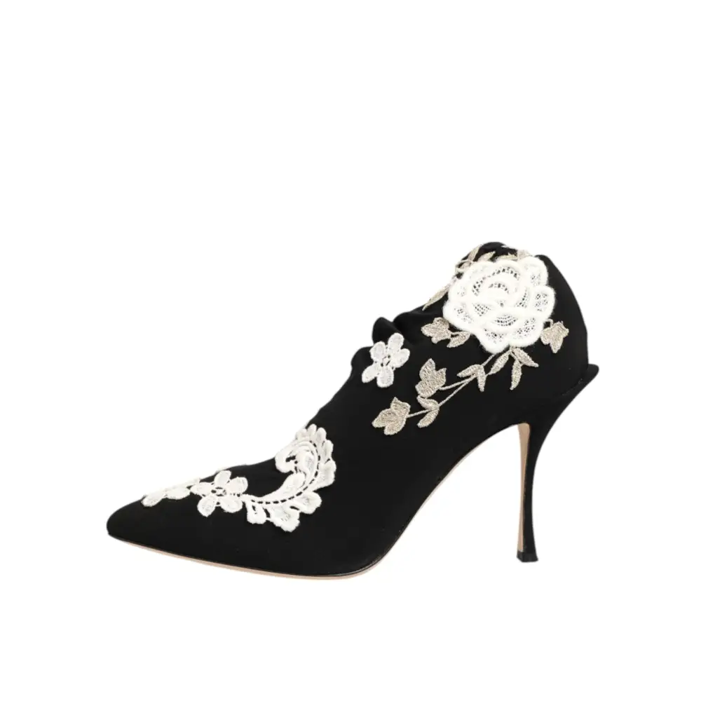 Dolce & Gabbana Schwarz Weiß Bestickte Jersey Stiletto Stiefel Schuhe