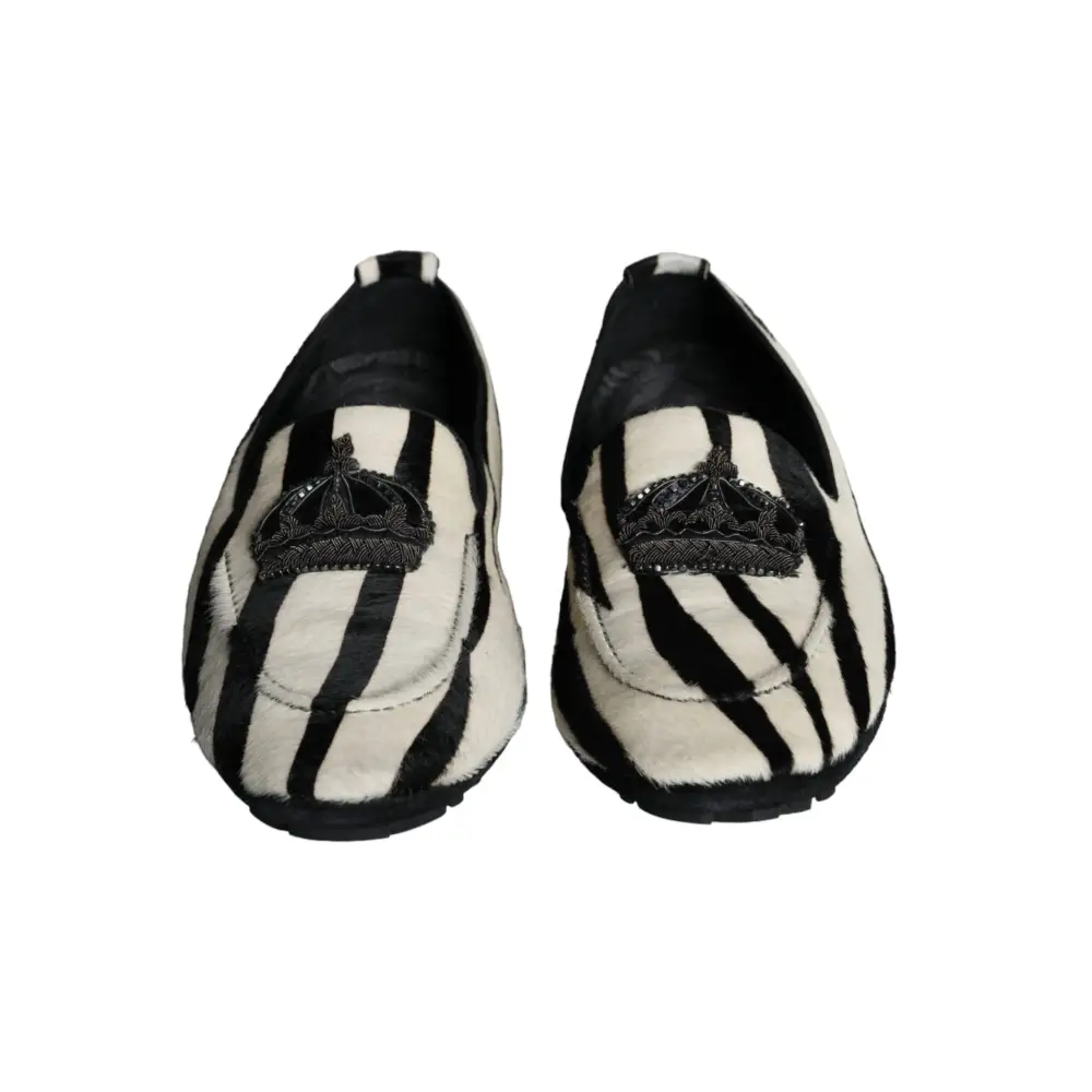 Dolce & Gabbana Schwarz Weiß Kalb Pelz Slip On Loafers Männer Schuhe - EU41/US8