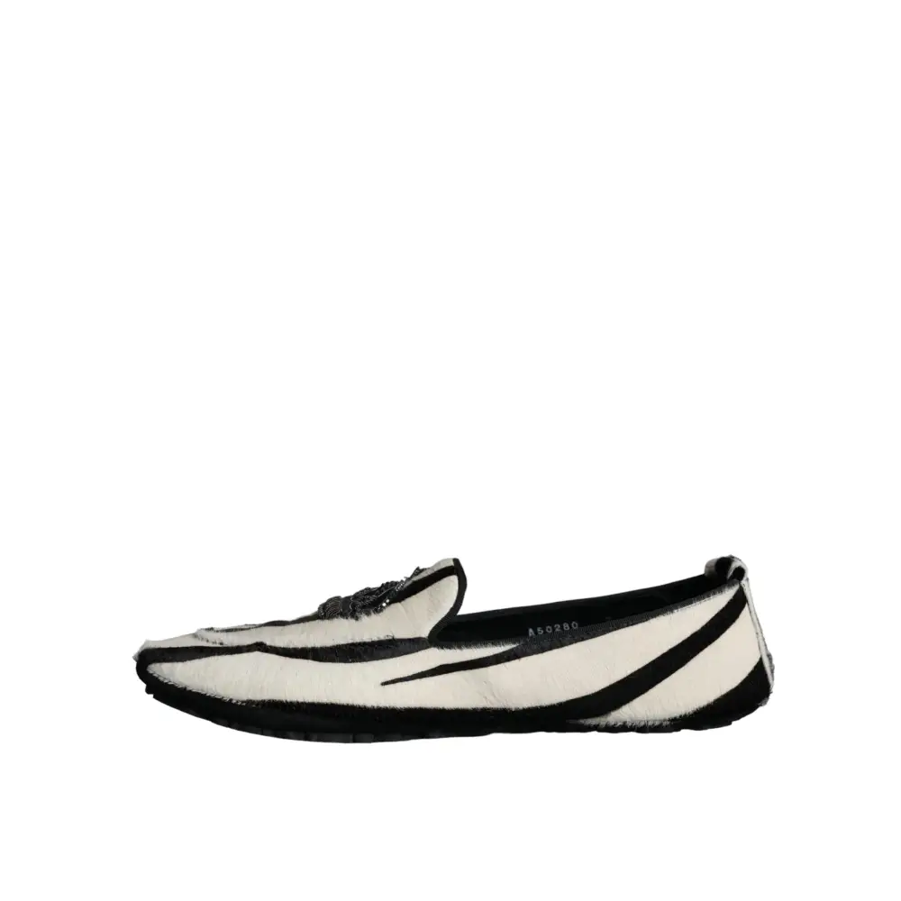 Dolce & Gabbana Schwarz Weiß Kalb Pelz Slip On Loafers Männer Schuhe - EU41/US8