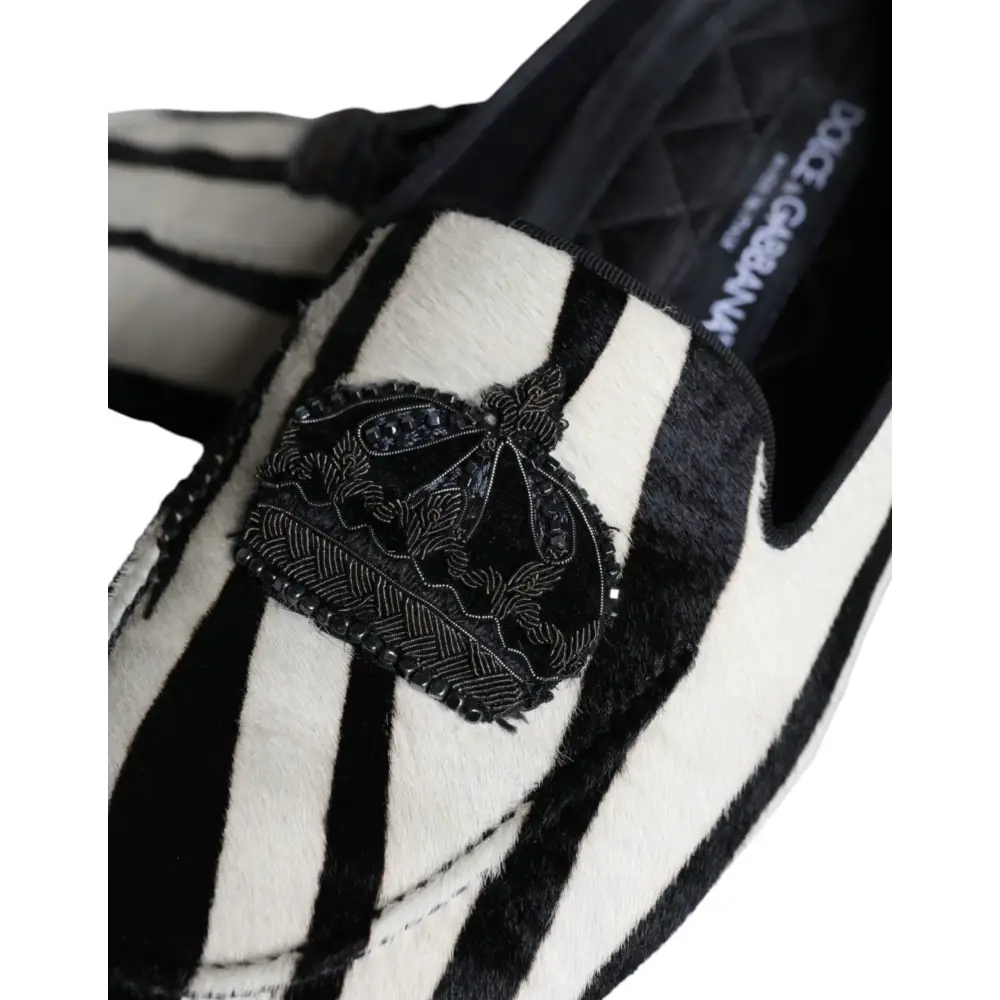 Dolce & Gabbana Schwarz Weiß Kalb Pelz Slip On Loafers Männer Schuhe - EU41/US8
