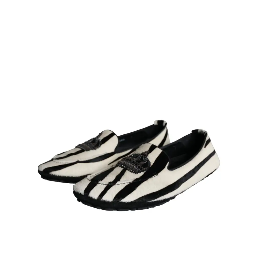 Dolce & Gabbana Schwarz Weiß Kalb Pelz Slip On Loafers Männer Schuhe - EU41/US8